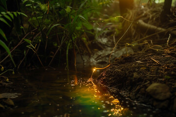 A sunlit forest scene featuring a small, clear stream flowing through lush greenery. The sunlight casts warm reflections on the water, illuminating the natural textures and details of the forest floor