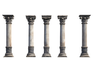 A row of five ornate classical stone columns with detailed capitals and fluted shafts isolated on transparent background