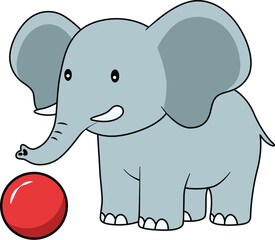 Baby elephant playing with a football, minimalist vector art.