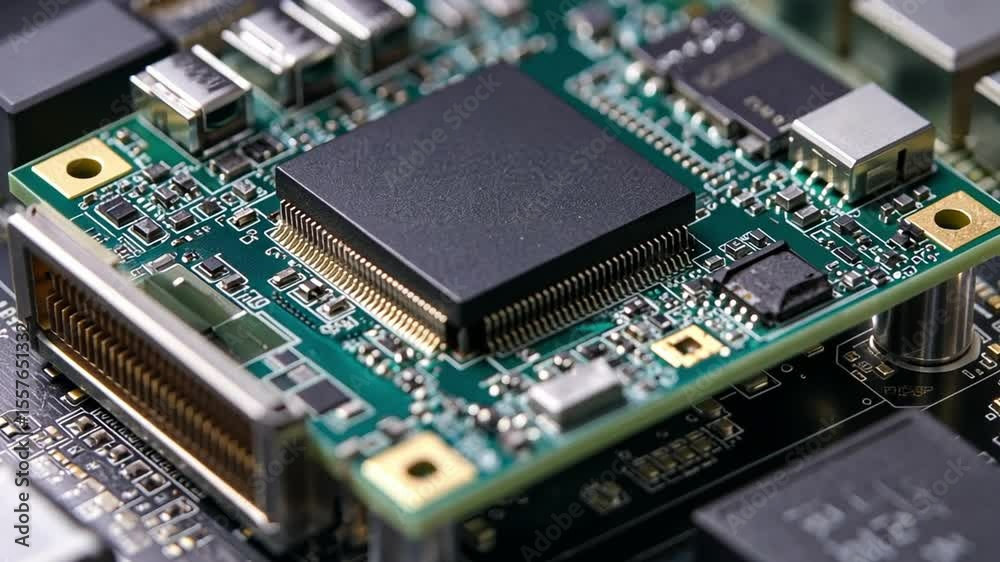 Poster electronic circuitry: a detailed capture of a modern circuit board, revealing its intricate arrangem