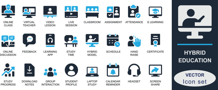 Flat solid icons representing hybrid education concepts like online learning, virtual classes, assignments, schedules, feedback, and student progress. Perfect for UI and apps.
