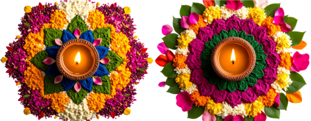 Diwali Lamp on Decorative Rangoli Base, isolated on transparent background.