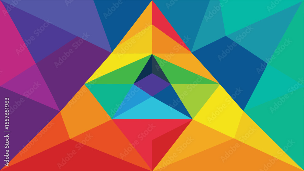 Poster geometric composition of colorful polygonal shapes forming abstract triangle and pentagonal patterns