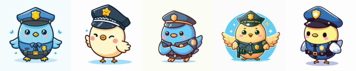 cute bird dressed as police icon set