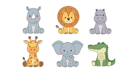 Naklejka premium Adorable Cartoon Safari Animals Zoo Creatures Collection Fun Cute Wildlife Friends