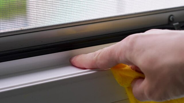 A man's hand wipes a dirty window frame with a yellow rag in an apartment.
Dirty window and house cleaning process.
Dirt, dust, cleaning, housekeeper