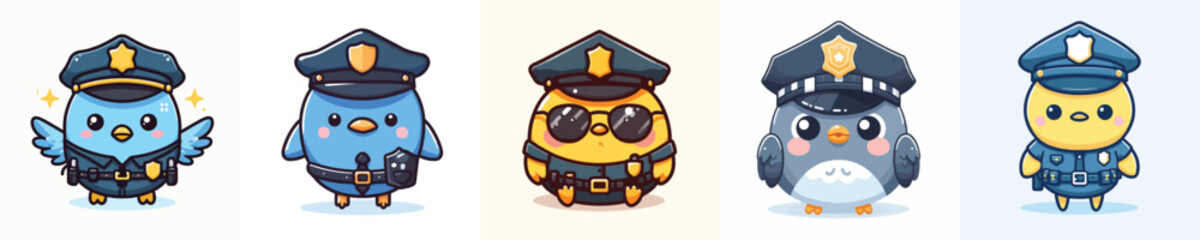 cute bird dressed as police icon set