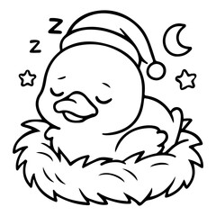  Baby duck wearing a Santa hat and sleeping for a kids' book coloring 