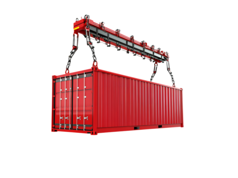 Red shipping container being lifted by a modern spreader bar and crane hook with chains isolated on transparent background