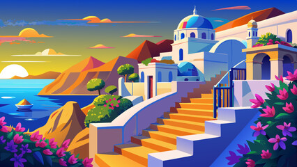 Whitewashed buildings cascade down a cliffside under golden sunset. Blue domes glowing gently, shadows curve over stone steps, bougainvillea vines swaying, soft sea breeze in the glowing horizon.

