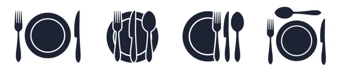 Menu logotype set, cutlery icon, tableware sign, plate, fork and knife icons in different variations