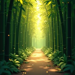 A tranquil bamboo forest with tall green stalks lines a sunlit path scattered with leaves and plants, leading into a glowing light in the distance. Generative, AI,