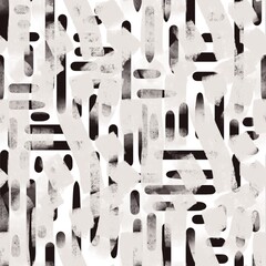 Seamless abstract geometric pattern. Digital brush strokes, lines, grid, stains. Beige, black, white. Design for textile fabrics, wrapping paper, background, wallpaper, cover.