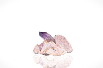 Amethyst crystal. Specimen from Erongo, Namibia. photography isolated on white blackground. macro detail background. close-up mineral crystal unpolished semi-precious gemstone.