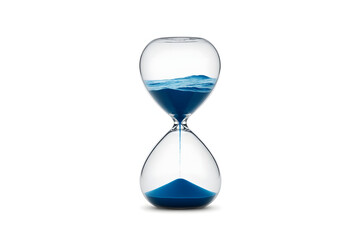 An hourglass filled with ocean waves instead of sand, tiny islands forming at the center, clear glass, isolated background, poetic time concept