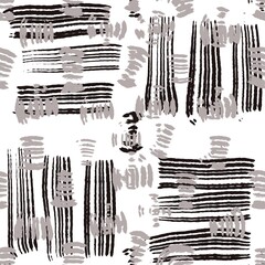 Seamless abstract geometric pattern. Simple background with black, white, beige digital brush strokes. Lines, squares. Design for textile fabrics, wrapping paper, background, wallpaper, cover.