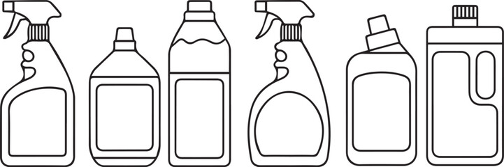 Assorted cleaning product containers line art cleaning supplies bottles