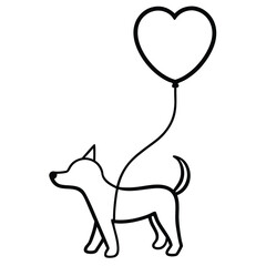 Simple outline drawing of a dog holding a heart shaped balloon string