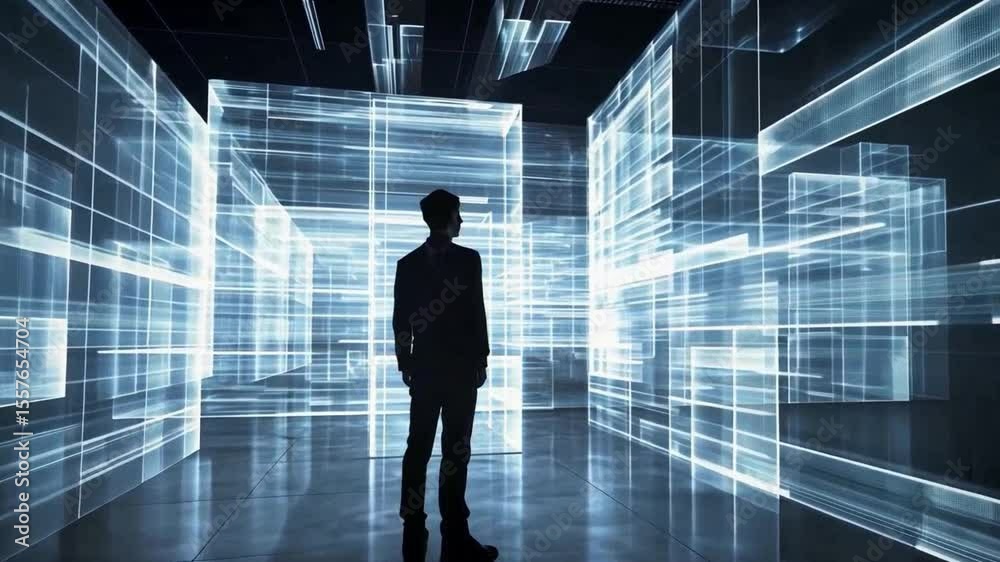 Poster Digital Envision: A person stands silhouetted amidst glowing, interconnected digital structures, symbolizing technological progress and the boundless potential of the digital realm. 