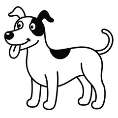 Happy cartoon dog with black spots and tongue out standing on white background