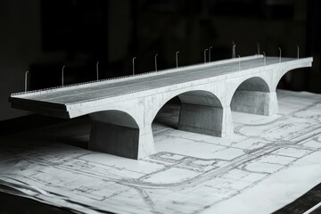 Architectural model of a concrete bridge with arches on top of a blueprint in a dark environment