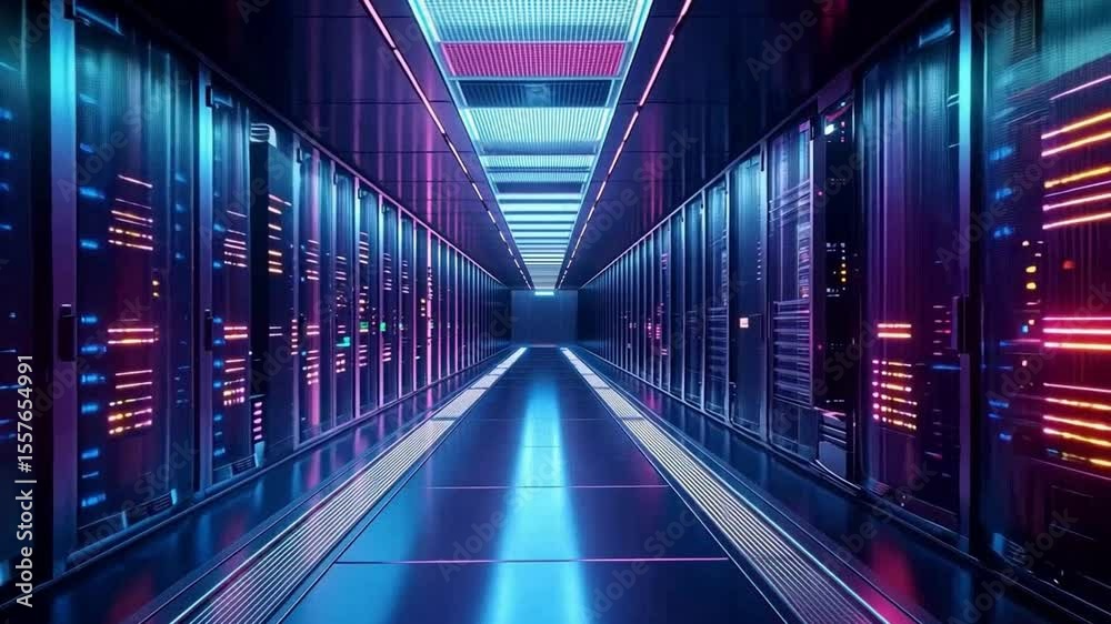 Poster digital data center: a sleek and modern data center corridor, bathed in cool neon lighting, symboliz