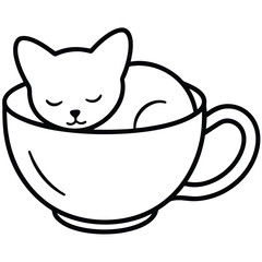 Cute cartoon cat sleeping peacefully curled up inside a coffee cup