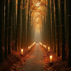 A serene pathway lined with tall bamboo trees, illuminated by candles, leads into the distance under a canopy of golden leaves. Generative, AI,