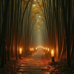 A serene pathway lined with tall bamboo trees, illuminated by candles, leads into the distance under a canopy of golden leaves. Generative, AI,