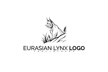 Fototapeta premium Powerful Eurasian Lynx Logo Design with Dramatic Side Shadow and Natural Surroundings. Ideal for Nature Action Series, Outdoor Marketing Materials, and Rugged Identity.