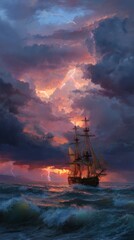 Sailing Ship at Sunset During a Dramatic Storm