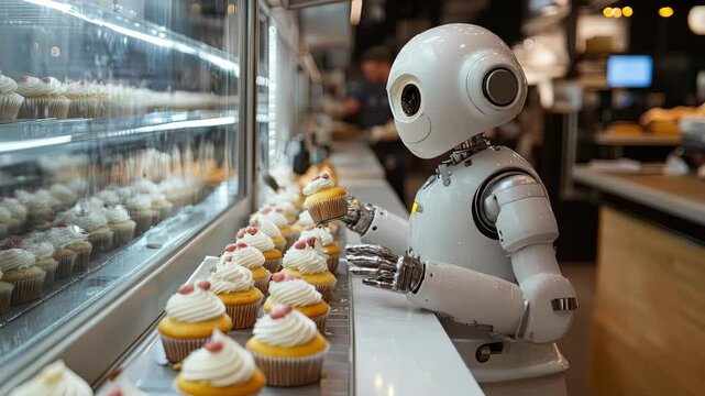 A humanoid robot arranging cupcakes in a bakery setting.