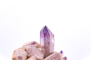 Amethyst crystal. Specimen from Erongo, Namibia. macro photography detail texture background. close-up mineral crystal unpolished semi-precious gemstone
