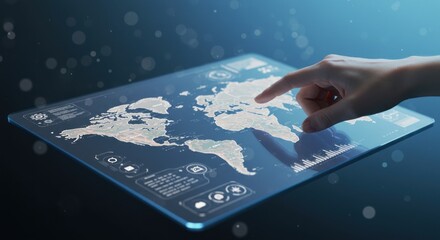 A hand interacts with a digital world map displayed on a transparent screen with data visualizations.