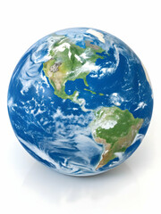 Obraz premium Green and blue Earth globe on white background featuring continents of Europe, Asia, and America, perfect for abstract global business and geography concepts