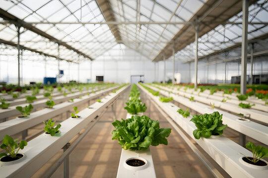 Modern hydroponic farm inside a climate-controlled facility, rows of leafy greens suspended in nutrient solutions, sterile and sleek environment, isolated background