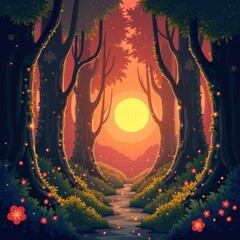 A serene forest scene at sunset with tall trees, hanging vines, and a winding river reflecting the warm glow of the sun. Generative, AI,