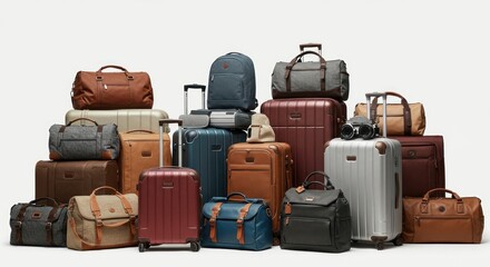 Various travel bags and suitcases stacked in a display.