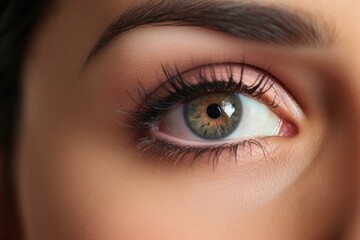 Fototapeta premium Close up of beautiful hazel eye with long black eyelashes and makeup, showcasing perfect skin and eyebrow