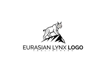 Fototapeta premium Elegant Eurasian Lynx Logo Design with Abstract Hills and Moon Elements. Ideal for Spiritual Nature Retreats, Eco Camps, and Environmental Wellness Branding.