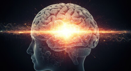 Fototapeta premium A stylized human head with a brain, showcasing a radiant burst of energy emanating from the center of the brain.