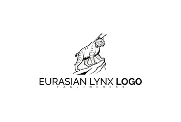 Fototapeta premium Eurasian Lynx Logo Design Featuring a Geometric Forest and Mountain Scene. Designed for Hiking Clubs, National Park Identity, and Forest-Themed Branding.