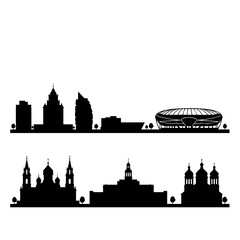Fototapeta premium Stylized city skyline silhouette with prominent architectural landmarks and modern buildings. This distinct city skyline features domes, towers, stadium, forming recognizable urban profile.