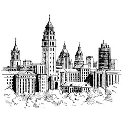 Detailed Minsk cityscape illustration, showcasing iconic buildings and architectural elements. This urban Minsk cityscape features recognizable landmarks, suitable for promotional materials.