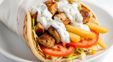 Greek Chicken Gyro Souvlaki Wrap with Tzatziki Sauce and Fries in Pita Bread