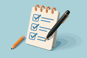 3D checklist on spiral notepad with pen ticking a checkbox. Concept of task management, productivity, goal setting, and successful completion. To-do list for project planning, survey, or exam.