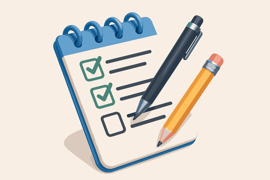 3D checklist notepad and pen icon. Task management and to-do list concept. Filling out a survey form, questionnaire or exam. Project planning, organization, and productivity symbol. Vector.