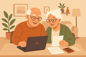 Happy elderly couple planning family budget. Senior man and woman with laptop and calculator managing finances, savings and investments. Retirement planning, pension concept vector.