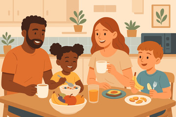 Happy diverse multi-ethnic family eating healthy breakfast together in the kitchen. Parents and children enjoying a morning meal. Vector illustration of family bonding and love.