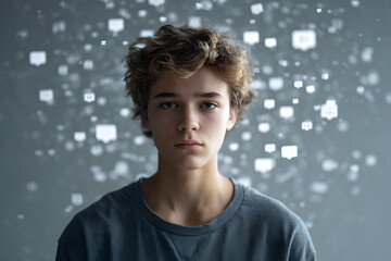 Young person with social media icons showing addiction Generative AI